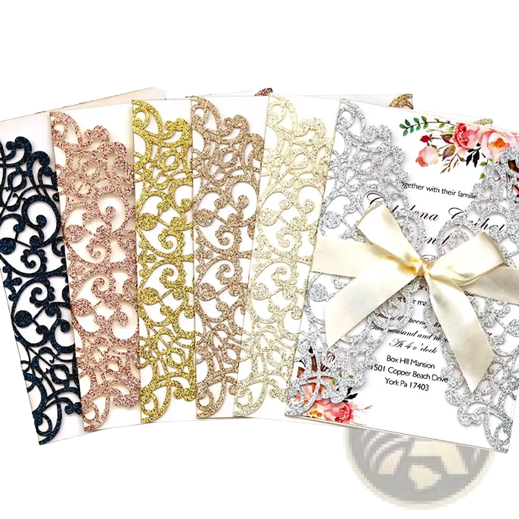 Elegant laser cut wedding invitation cards 10pcs in black rose gold gold champagne and silver glitter with lace patterns and satin bow