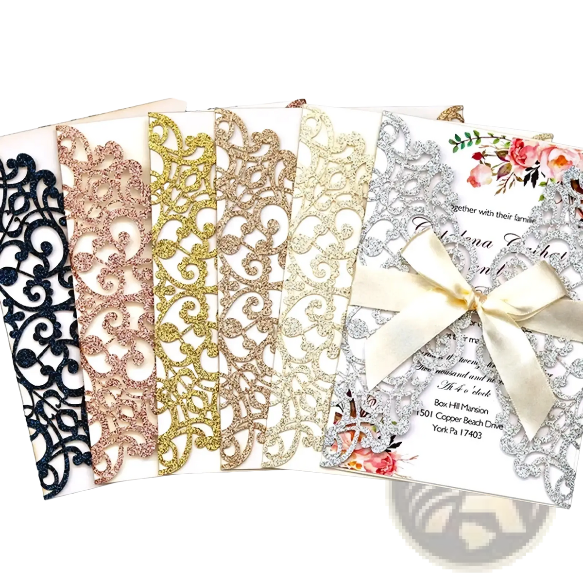 Elegant laser cut wedding invitation cards 10pcs in black rose gold gold champagne and silver glitter with lace patterns and satin bow