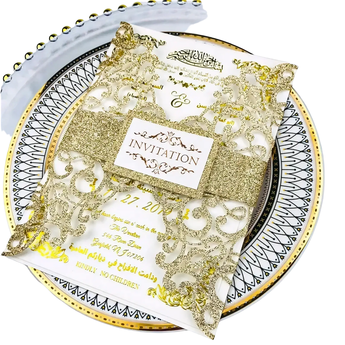 Elegant white and gold glitter laser cut wedding invitation cards with intricate lace-cut design 10pcs set