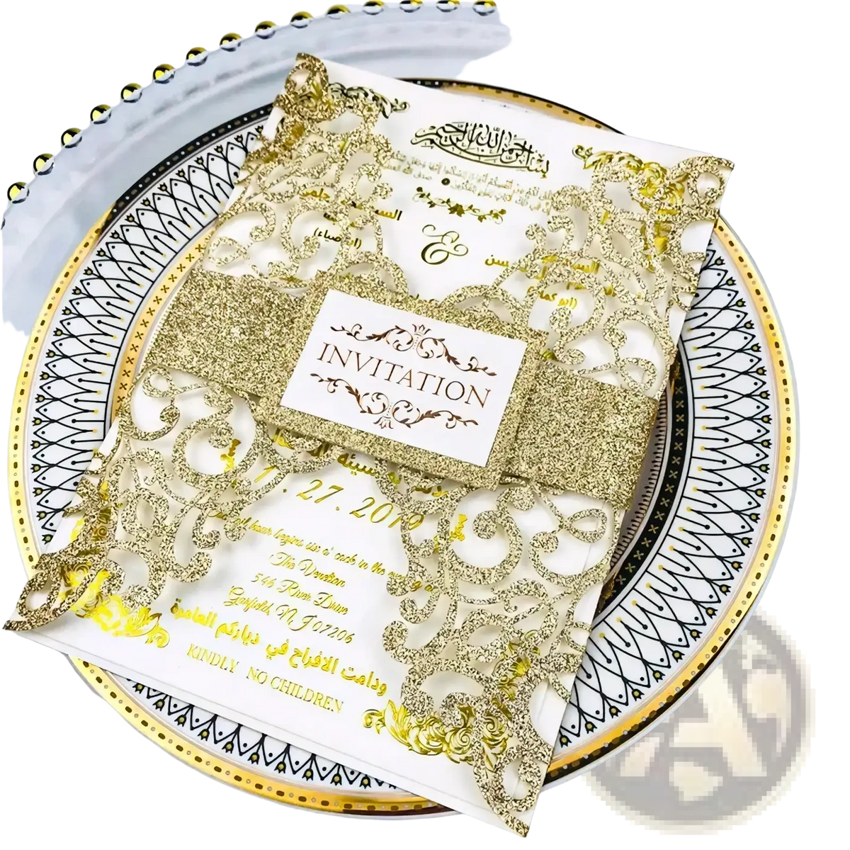Elegant white and gold glitter laser cut wedding invitation cards with intricate lace-cut design 10pcs set