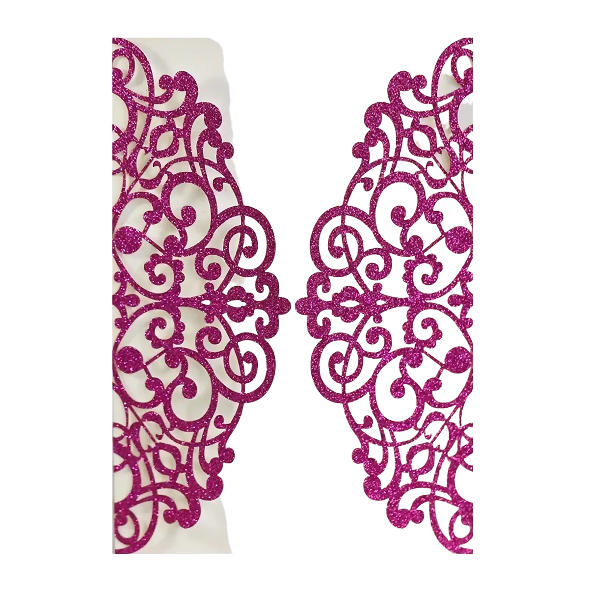 Fuchsia glitter laser cut wedding invitation cards 10pcs with intricate swirling floral paper patterns