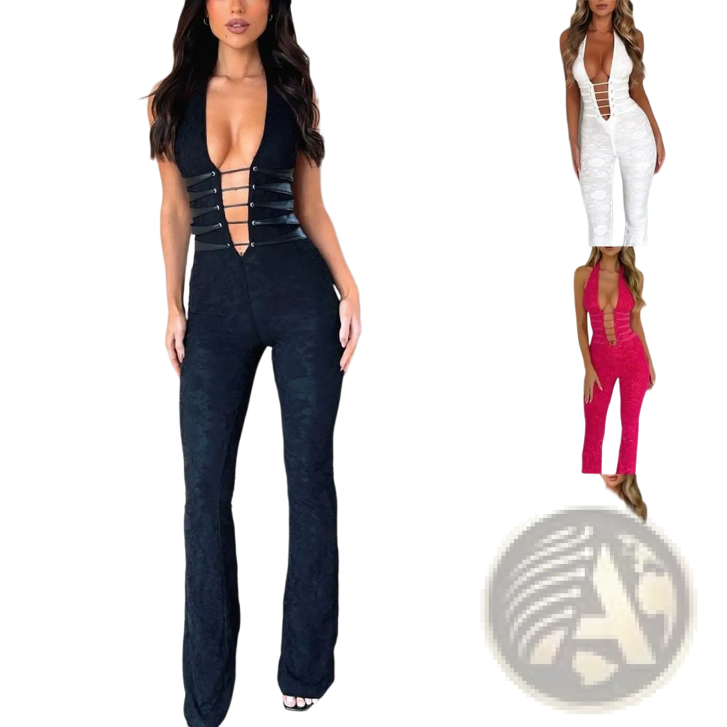 Black lace bodysuit with plunging neckline and corset-style lacing detail in the lash rope lace up plunging jumpsuit