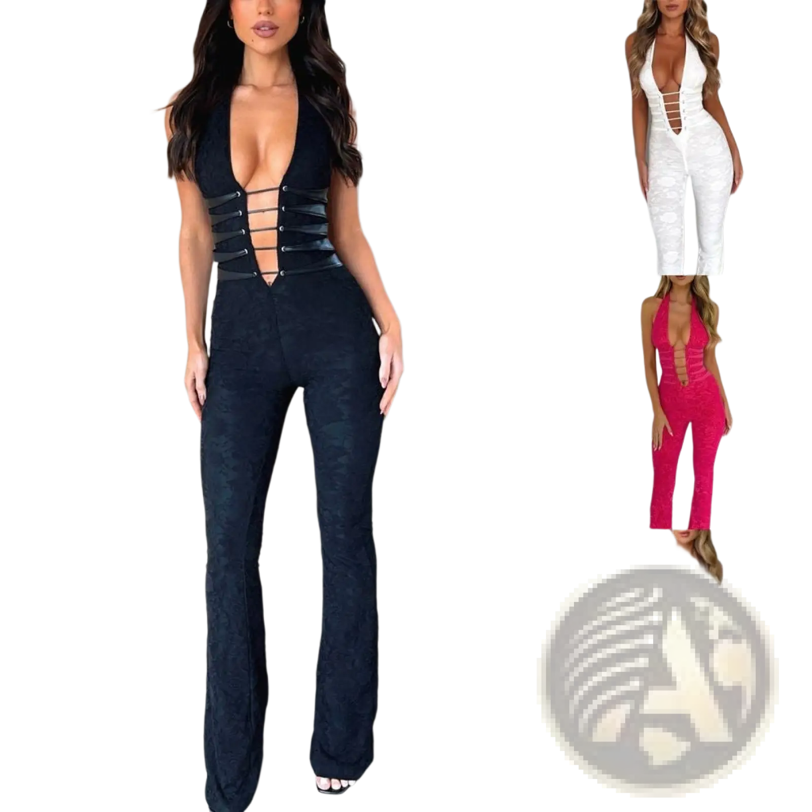 Black lace bodysuit with plunging neckline and corset-style lacing detail in the lash rope lace up plunging jumpsuit