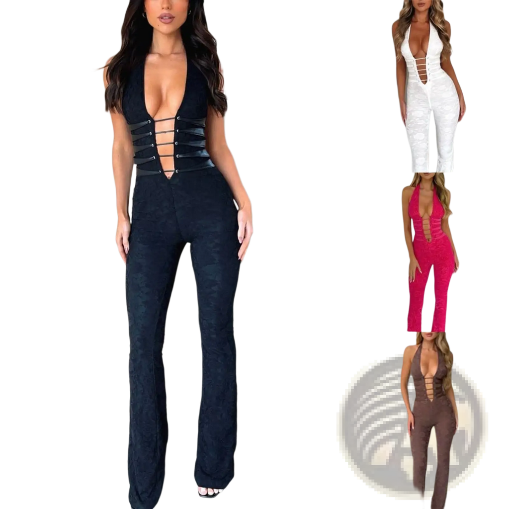 Black velvet lash rope lace up plunging jumpsuit with deep neckline and corset detailing front view