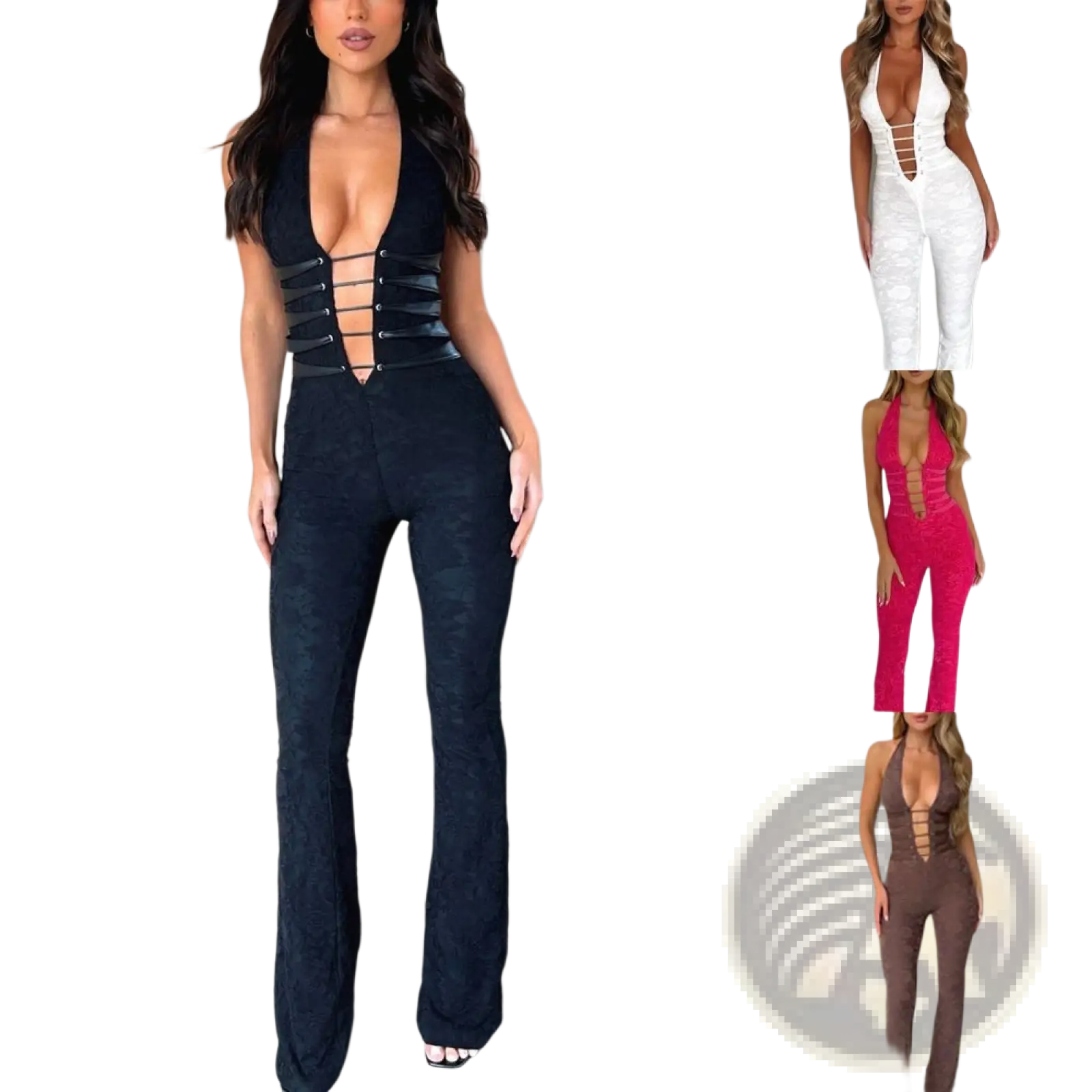 Black velvet lash rope lace up plunging jumpsuit with deep neckline and corset detailing front view