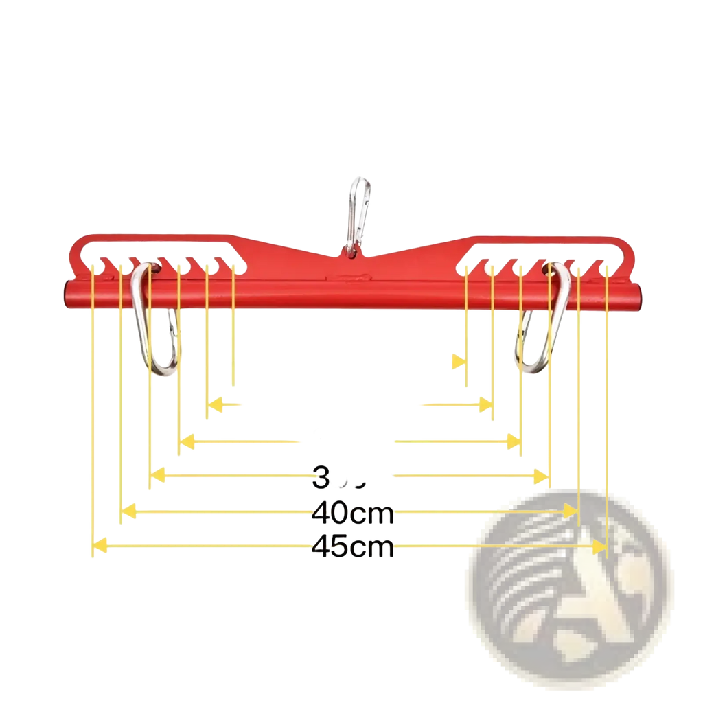 Red plastic lat pull down bar cable attachment featuring white toothed edges and silver metal carabiners on each side