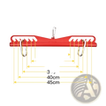 Red plastic lat pull down bar cable attachment featuring white toothed edges and silver metal carabiners on each side