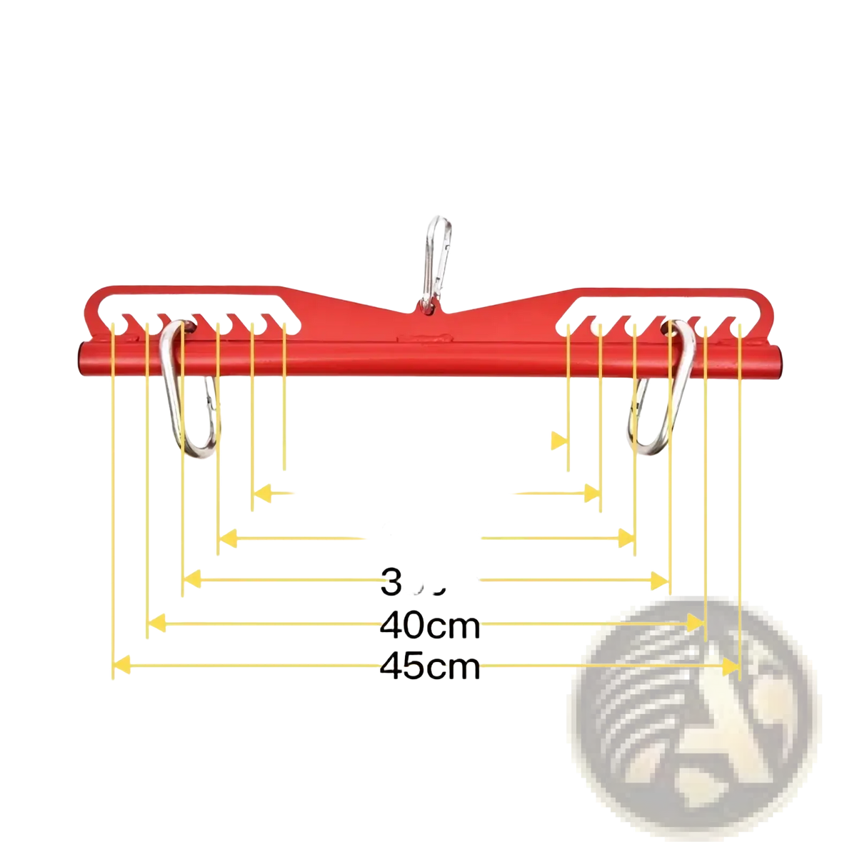Red plastic lat pull down bar cable attachment featuring white toothed edges and silver metal carabiners on each side