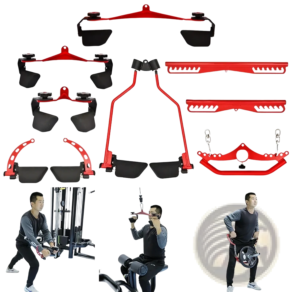 Red and black adjustable gym cable machine attachments set for lat pull down bar cable attachment use