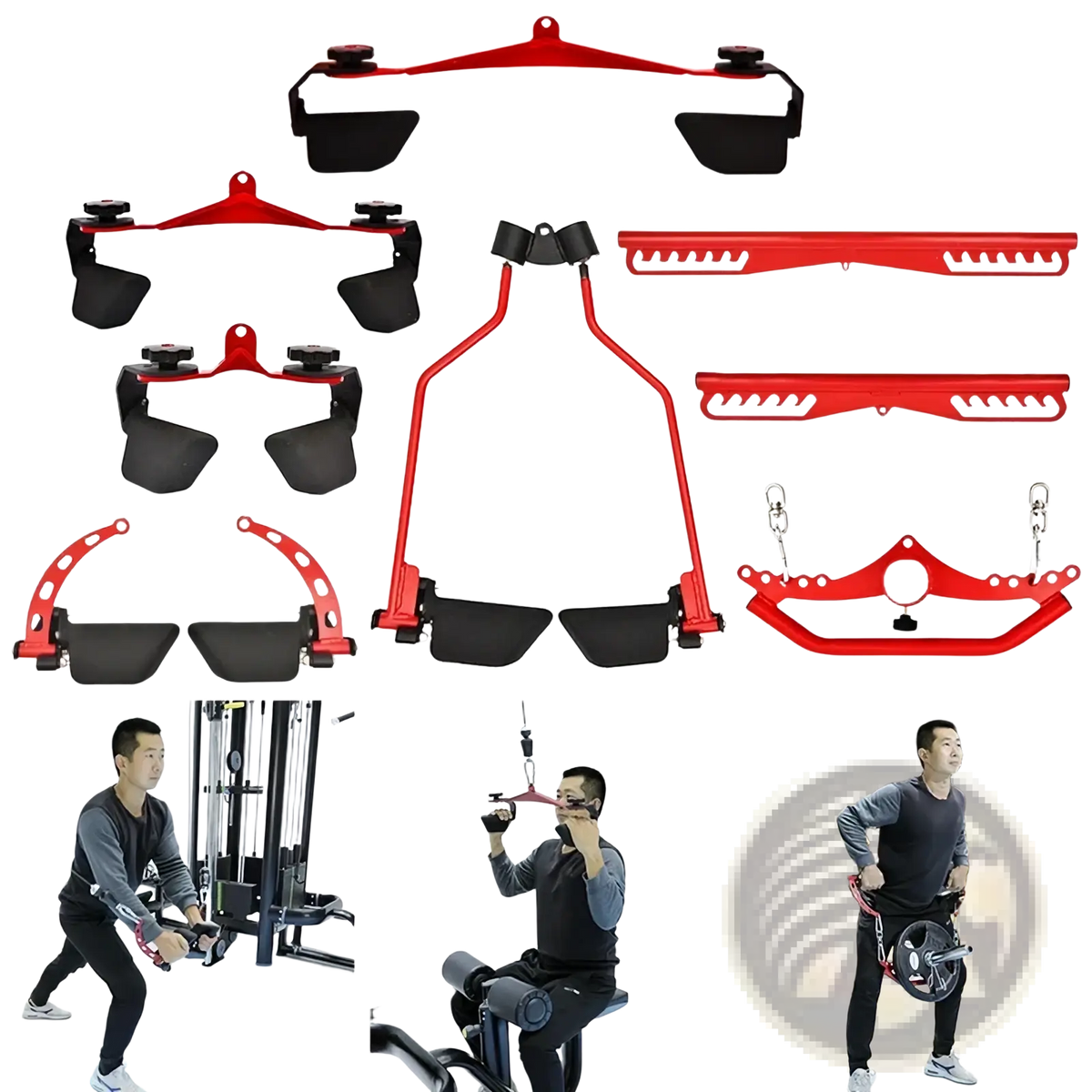 Red and black adjustable gym cable machine attachments set for lat pull down bar cable attachment use