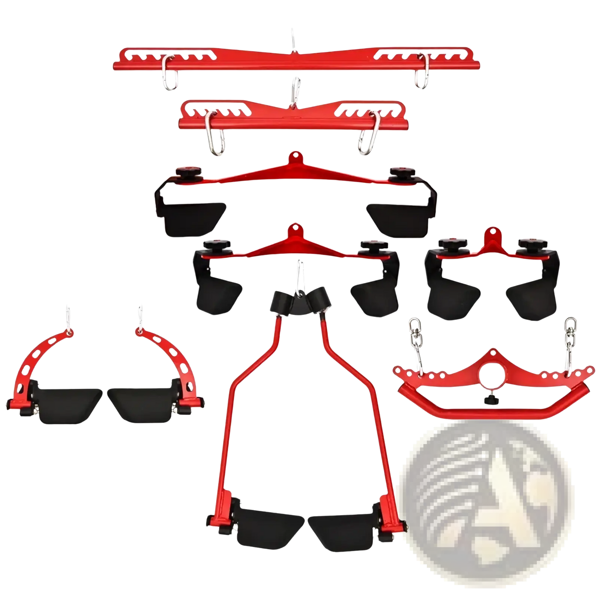 Red metal lat pull down bar cable attachment with black rubber grips and adjustable handles for gym use