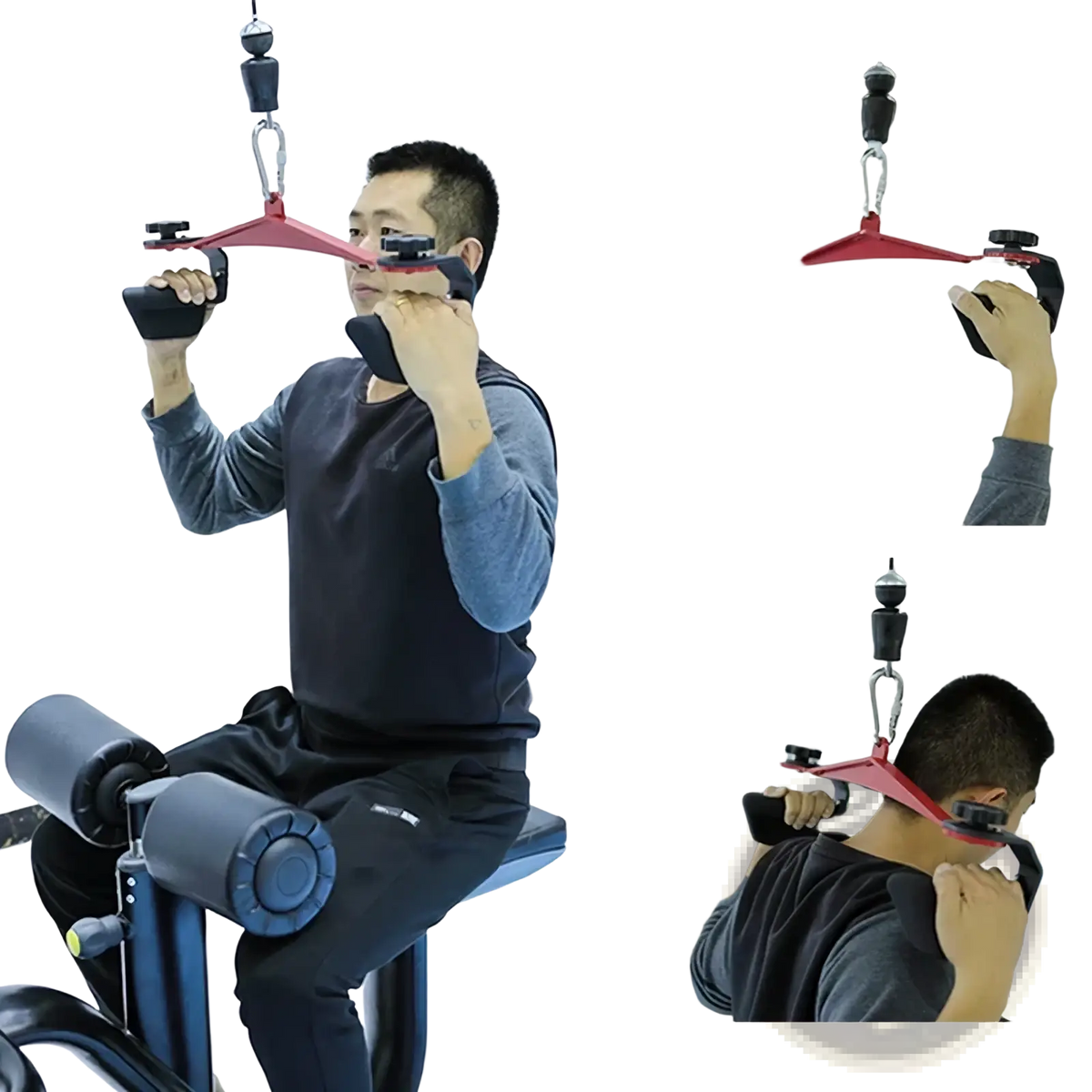 Red metal lat pull down bar cable attachment with black padded grips for strength training exercises