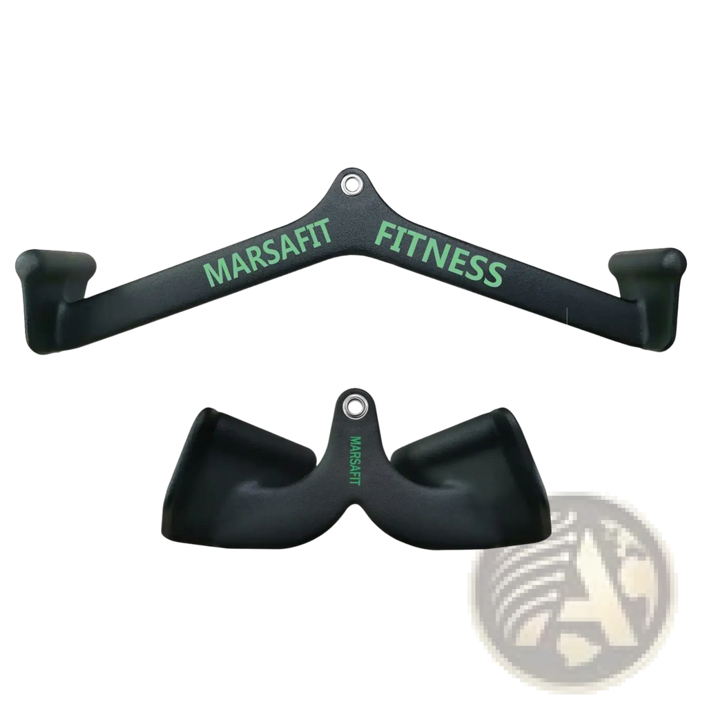 Lat pulldown bar cable attachment gym handle with black marsfit fitness dumbbell bar, green lettering, ergonomic grips