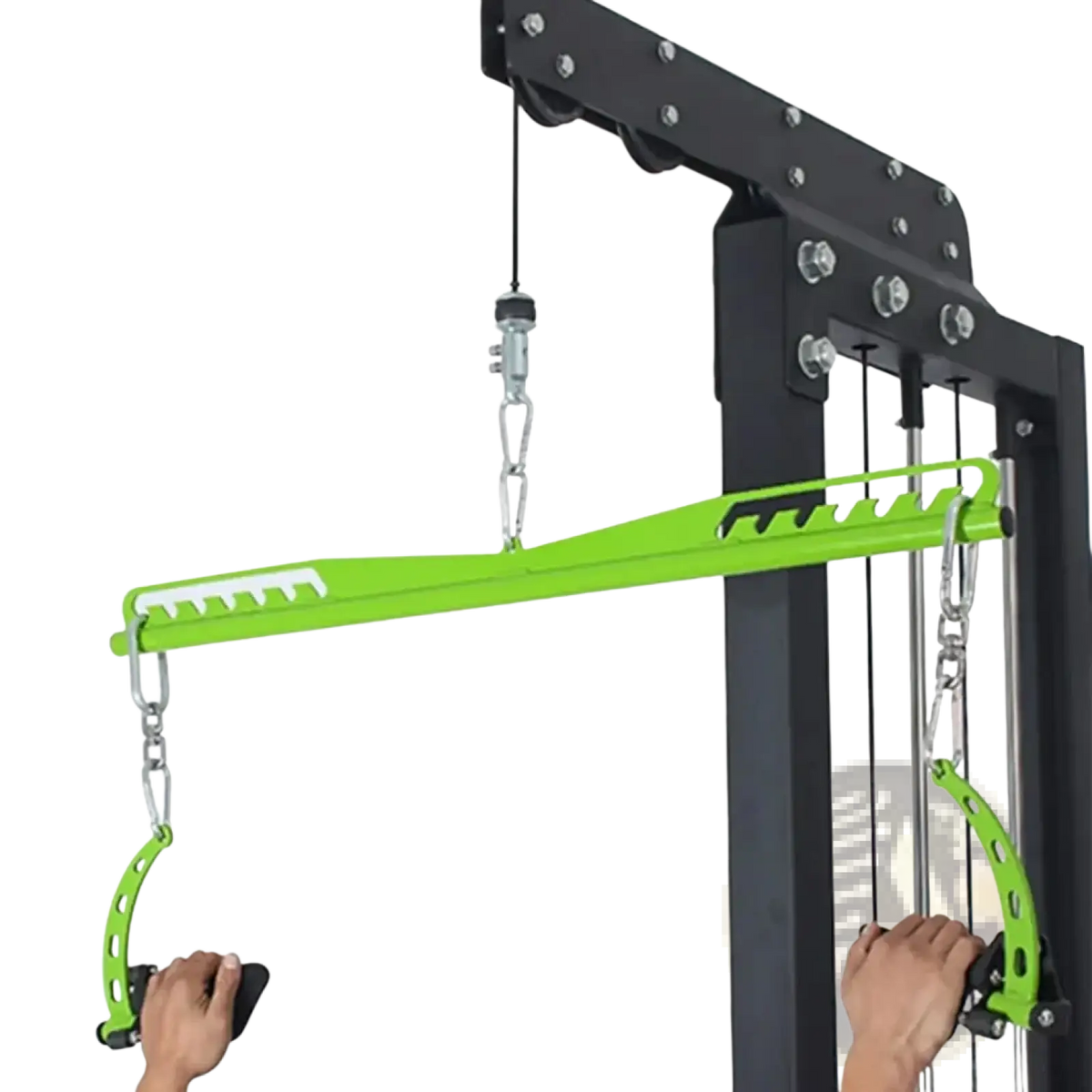 Bright green adjustable lat pulldown bar cable machine attachment with black grip handles and silver hardware