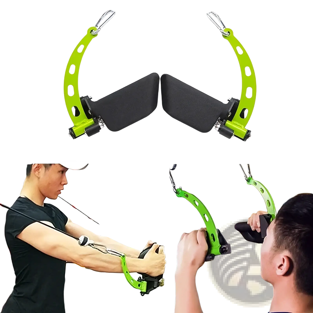 Bright green and black adjustable lat pulldown bar cable machine handles with a sleek curved design for gym use
