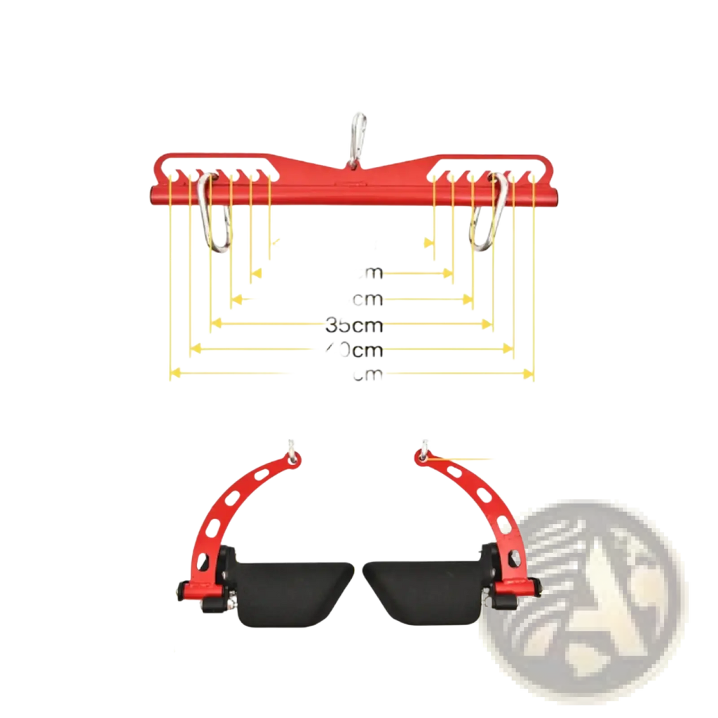 Red and black adjustable dumbbell rack with multiple hook lengths for versatile weight training in cable machine set