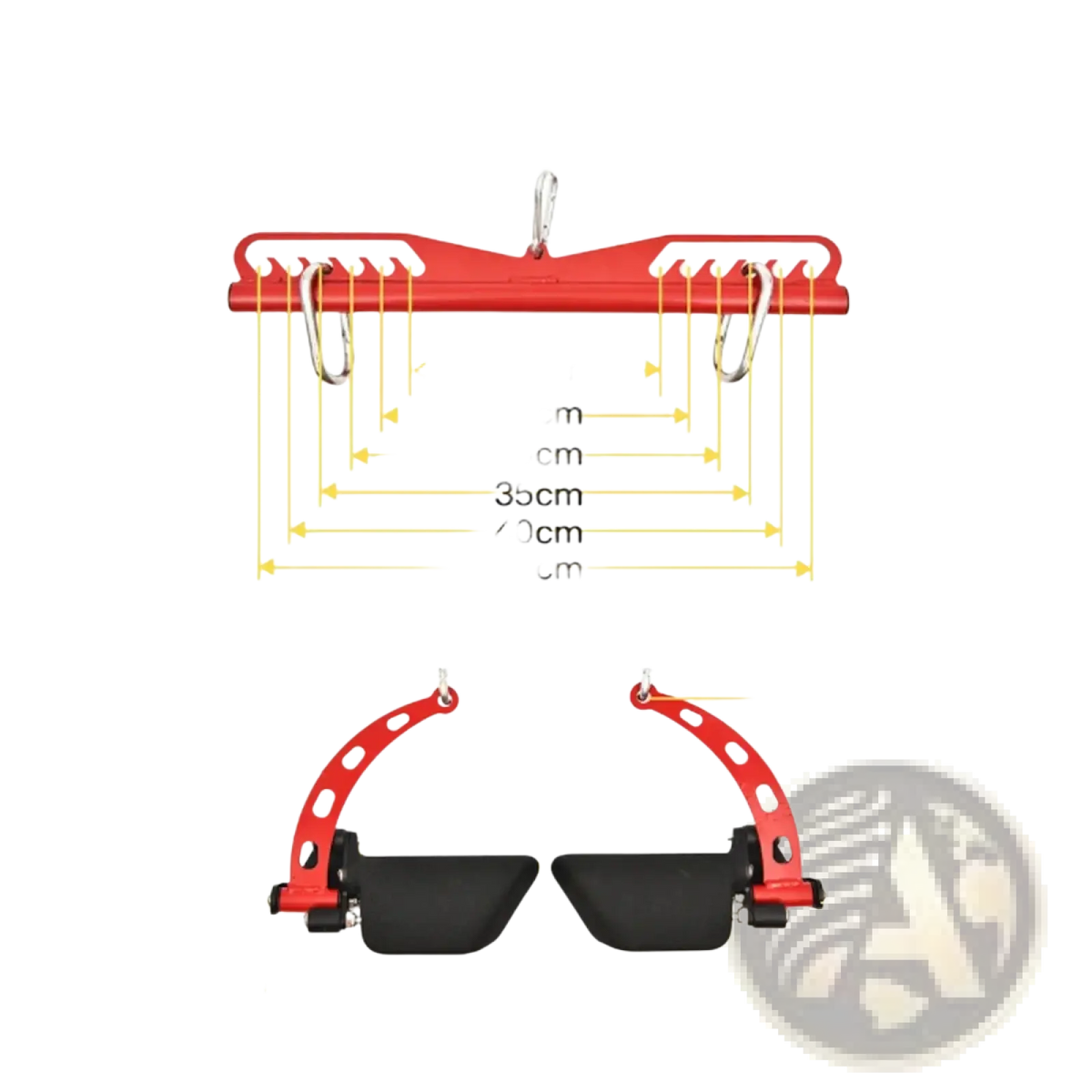 Red and black adjustable dumbbell rack with multiple hook lengths for versatile weight training in cable machine set
