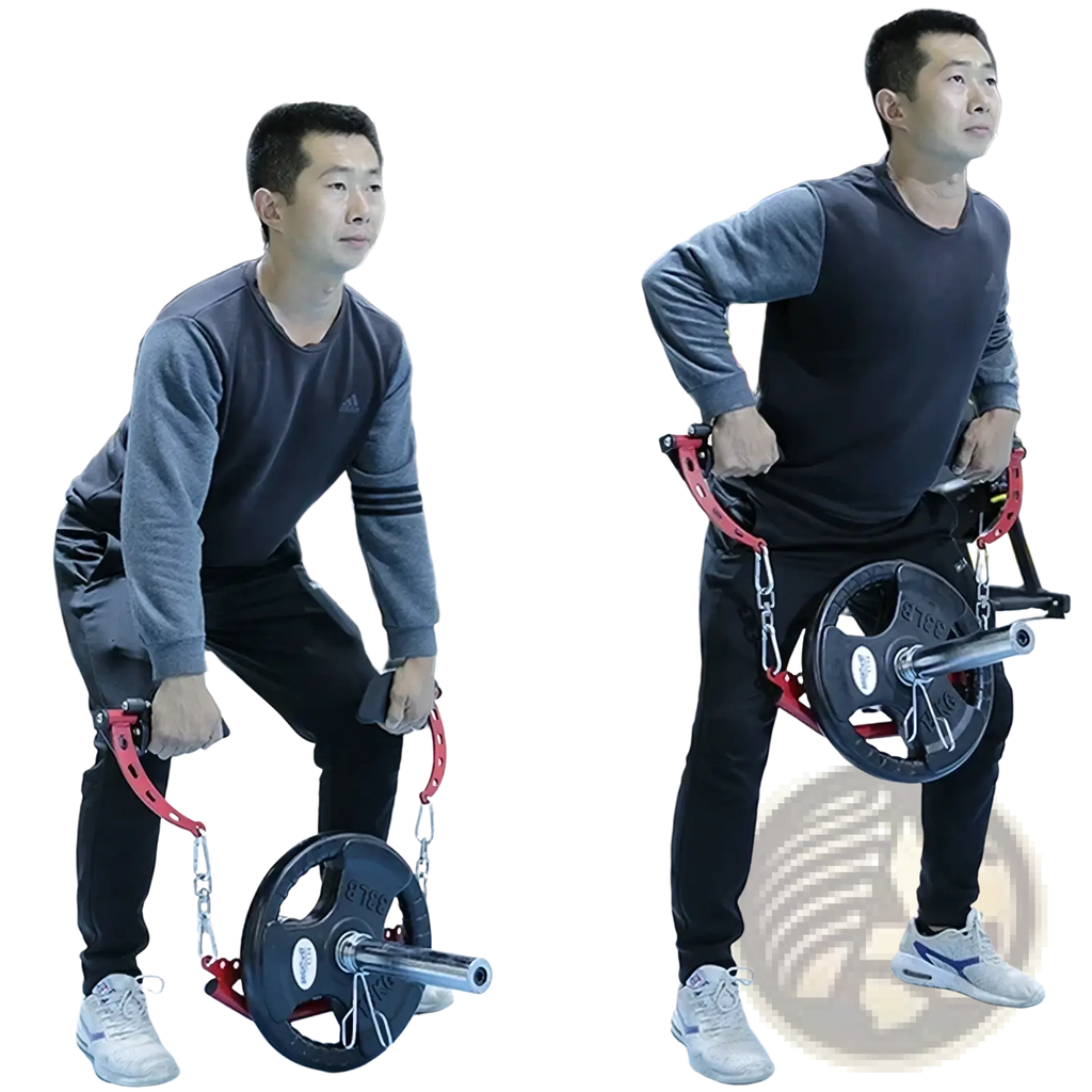 Red and black adjustable weightlifting belt with chain attachments for lat pulldown bar cable machine attachment set