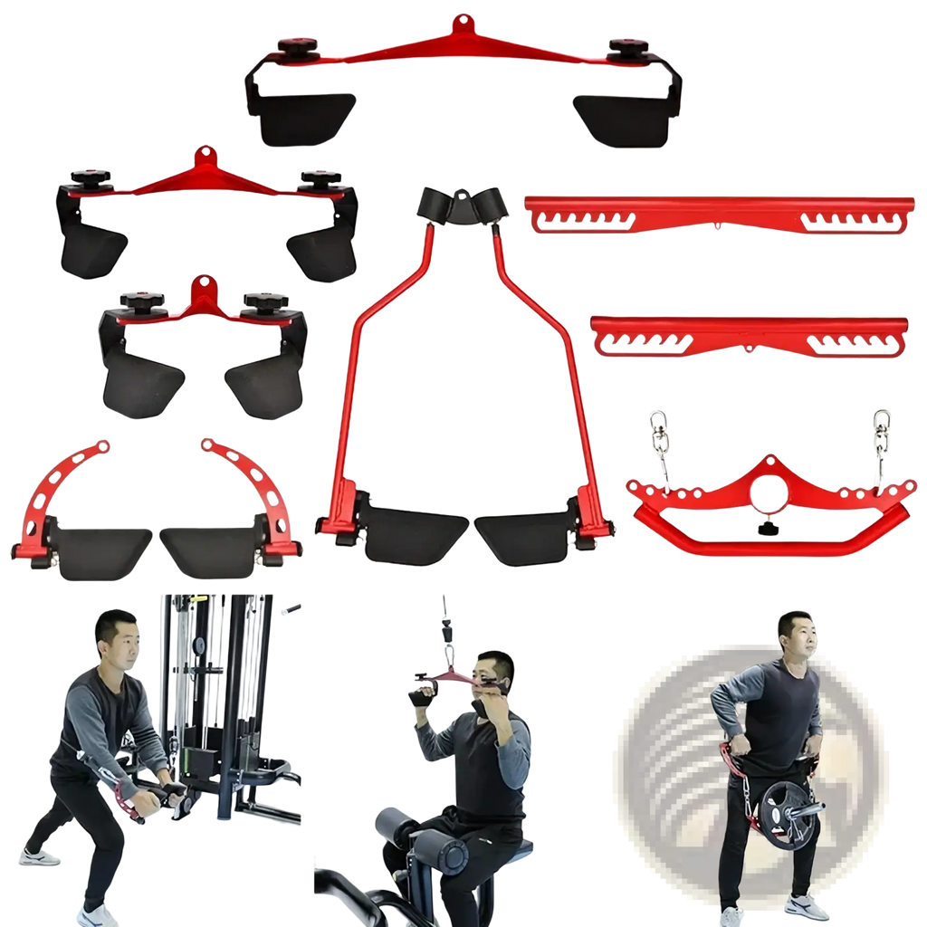 Lat pulldown bar cable machine attachment set with red metal cable attachments, black rubber grips, and adjustable handles