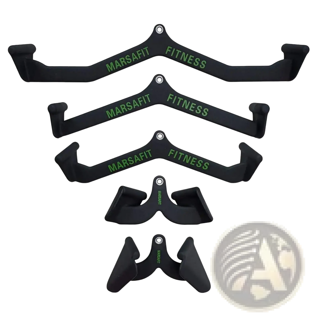 Set of black Marsfit fitness barbell pulley handles with green lettering for lat pulldown gym cable attachment