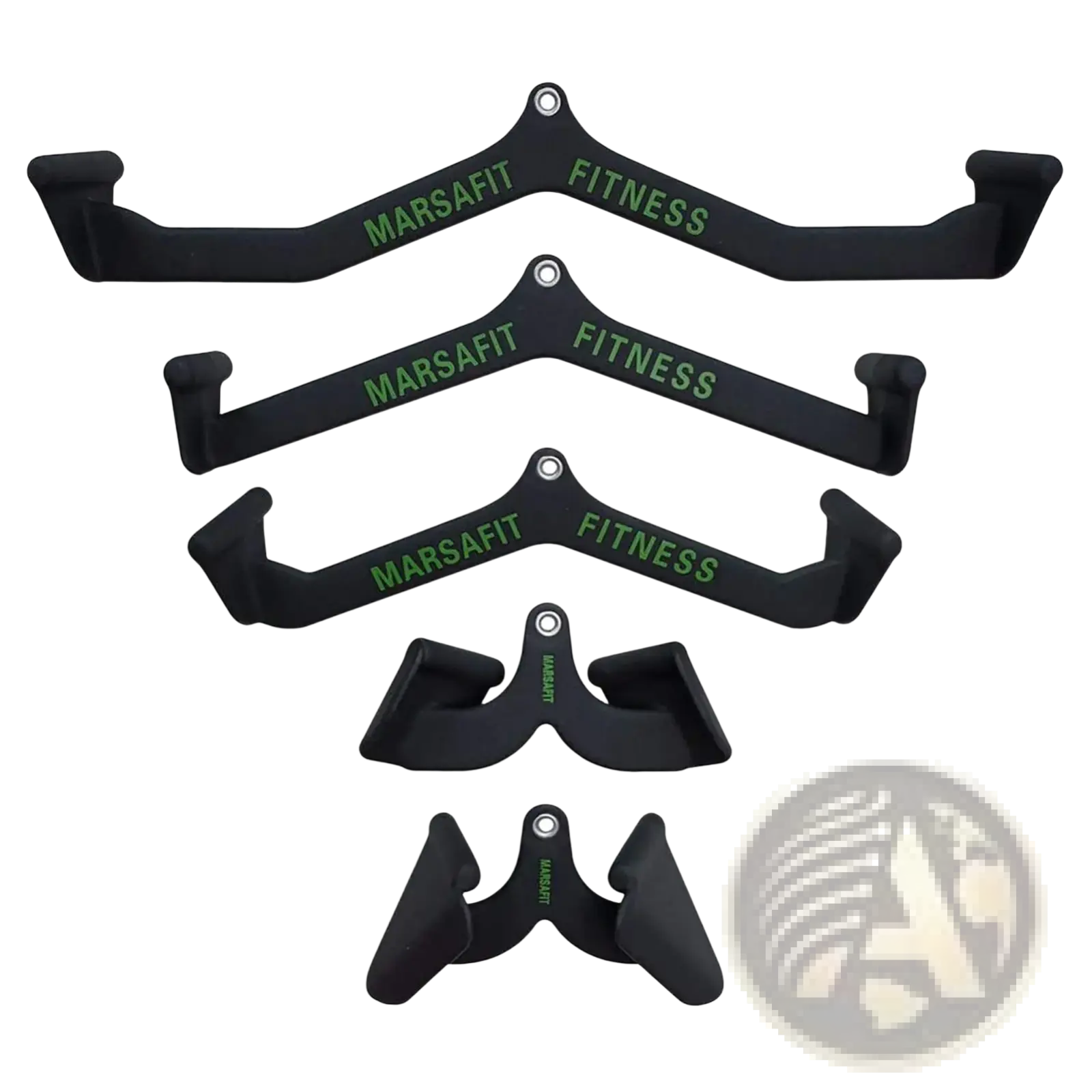 Set of black Marsfit fitness barbell pulley handles with green lettering for lat pulldown gym cable attachment