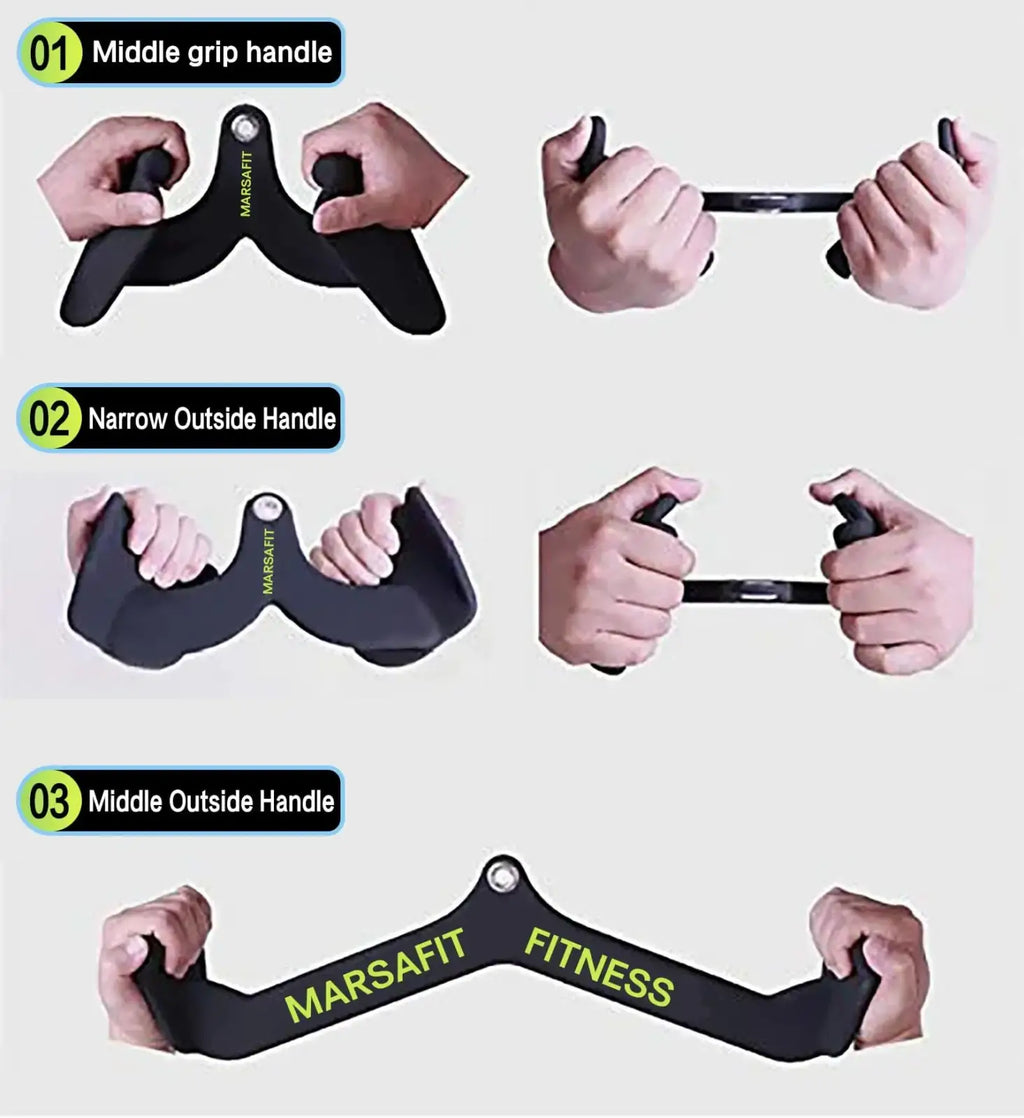 Lat pulldown bar gym cable attachment black rubber-coated metal handle with ergonomic grips and marsfit fitness branding