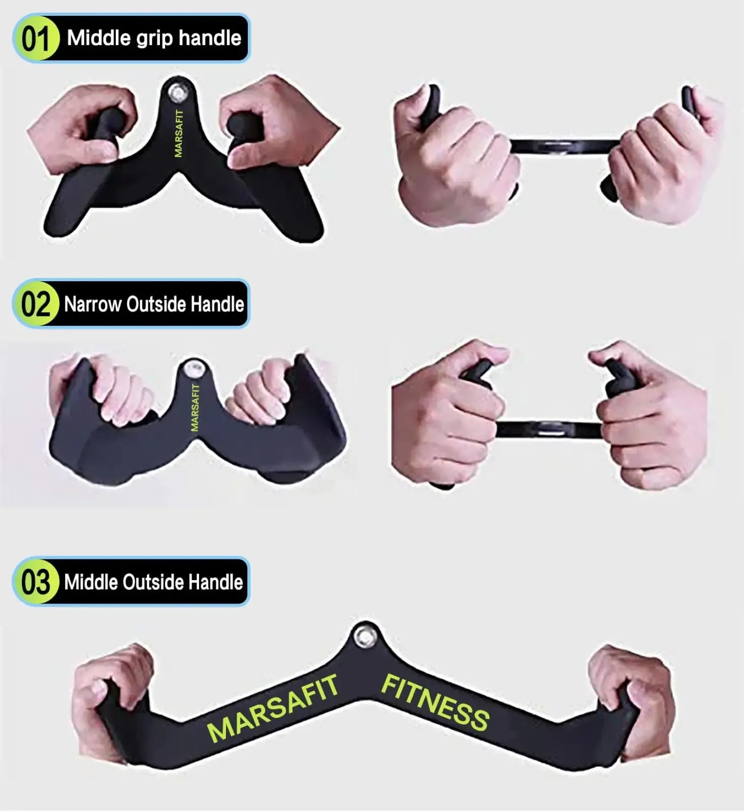 Lat pulldown bar gym cable attachment black rubber-coated metal handle with ergonomic grips and marsfit fitness branding