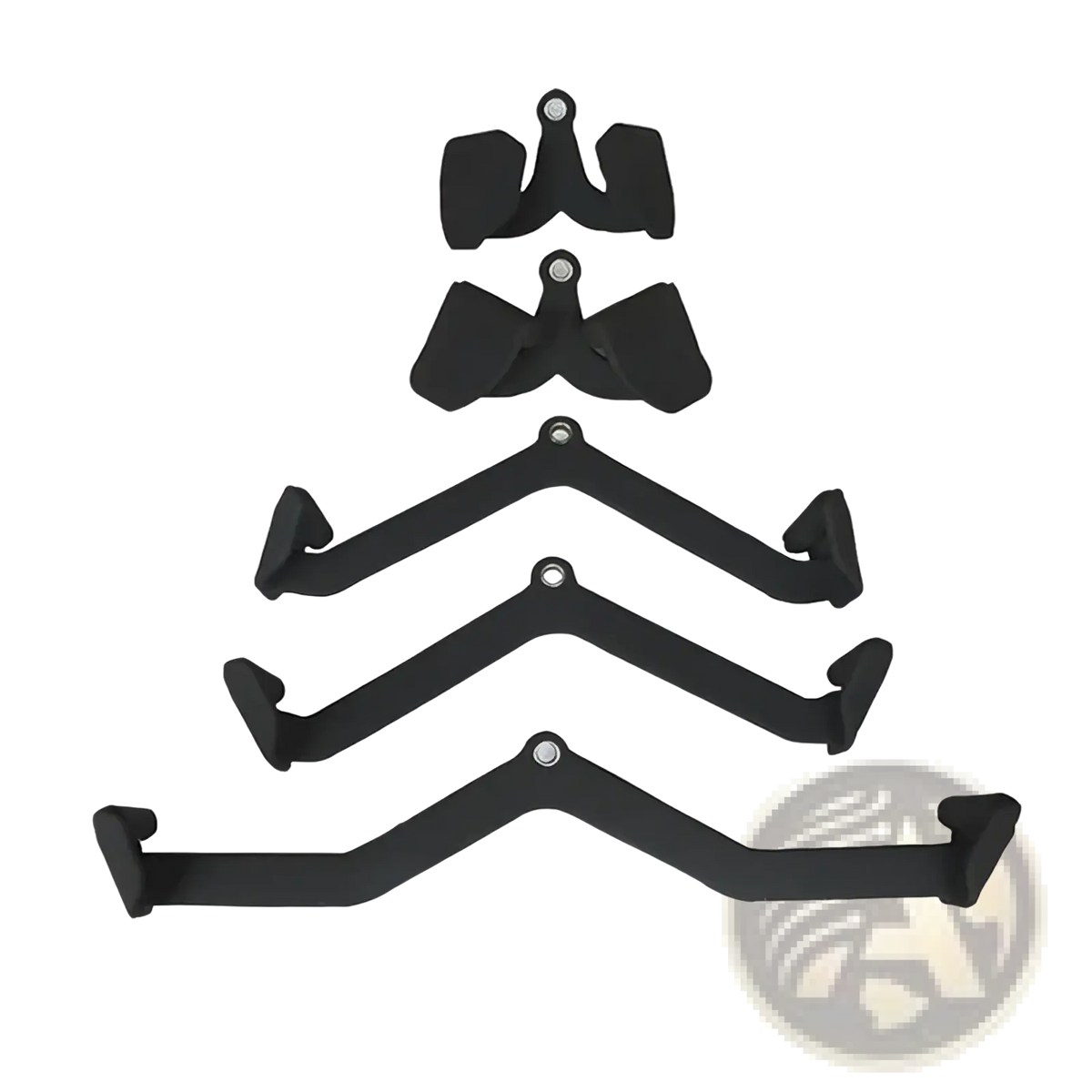 Set of five black rubber-coated steel cable pulley handles for lat pulldown bar gym cable attachment set