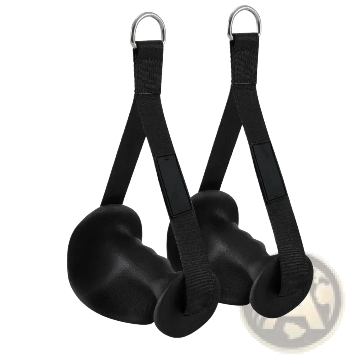 Black rubber-handled lat pulldown cable machine grip attachment with metal d-rings and adjustable straps for resistance bands