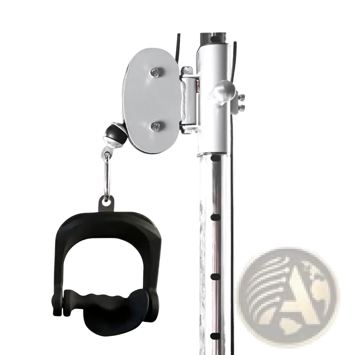 Black rubber-handled lat pulldown cable machine grip attachment mounted on a silver metal pole for strength training