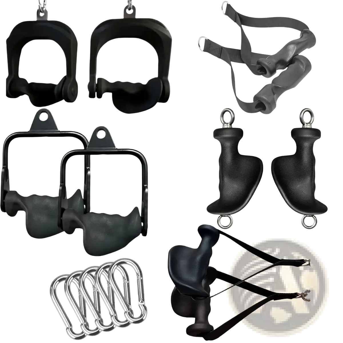 Black rubber-coated metal lat pulldown cable machine handle grips for home gym equipment showing back side