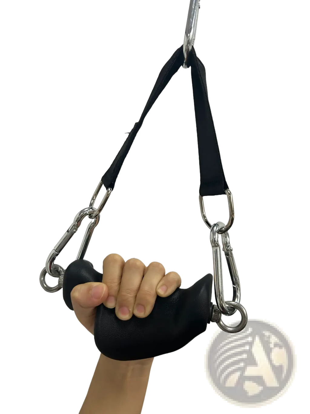 Black rubber grip handle attachment with metal chains and carabiners for lat pulldown cable machine exercises