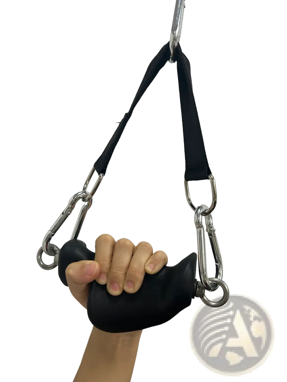 Black rubber grip handle attachment with metal chains and carabiners for lat pulldown cable machine exercises