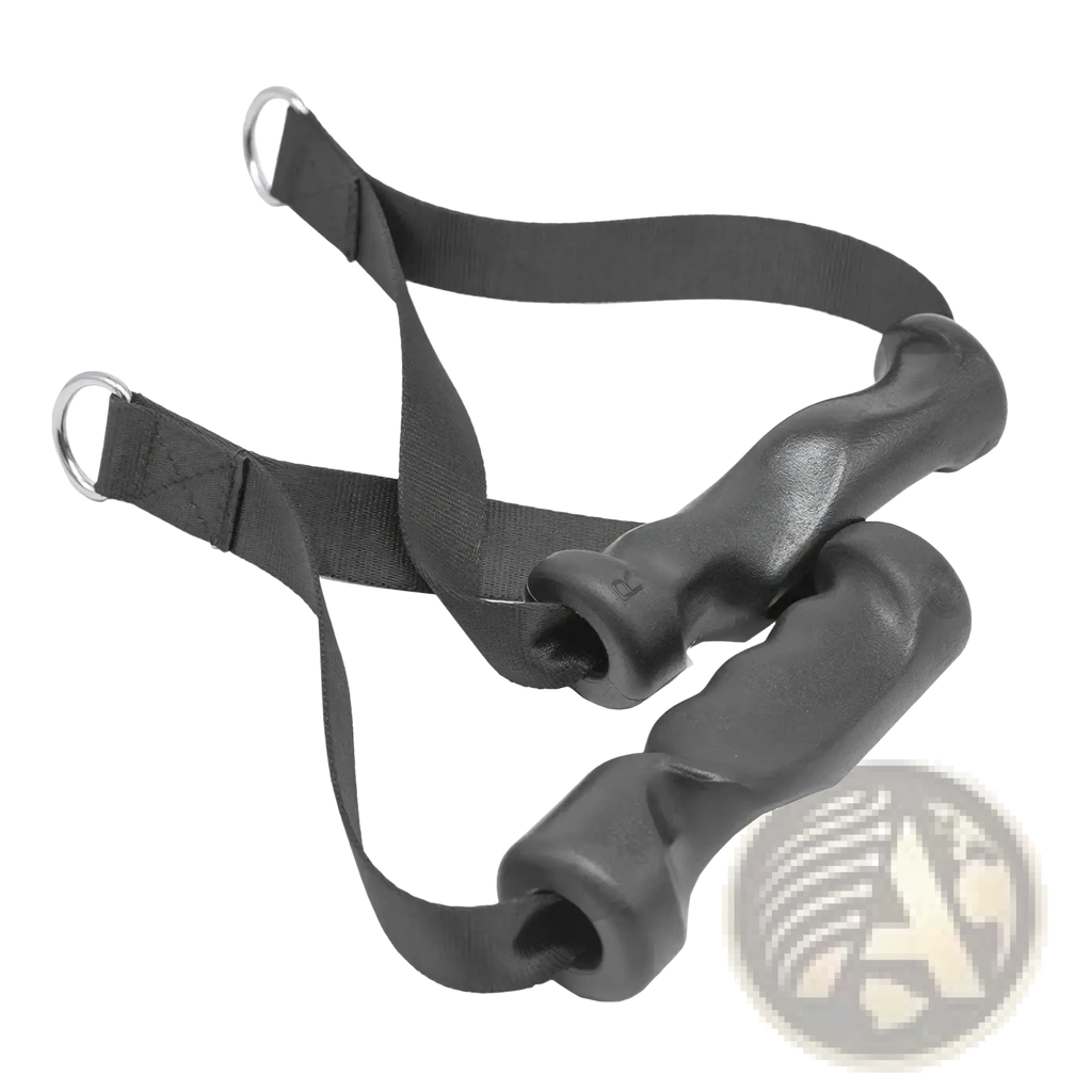 Black rubber-handled lat pulldown cable machine handle grip attachment with adjustable straps and metal d-rings