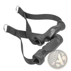 Black rubber-handled lat pulldown cable machine handle grip attachment with adjustable straps and metal d-rings