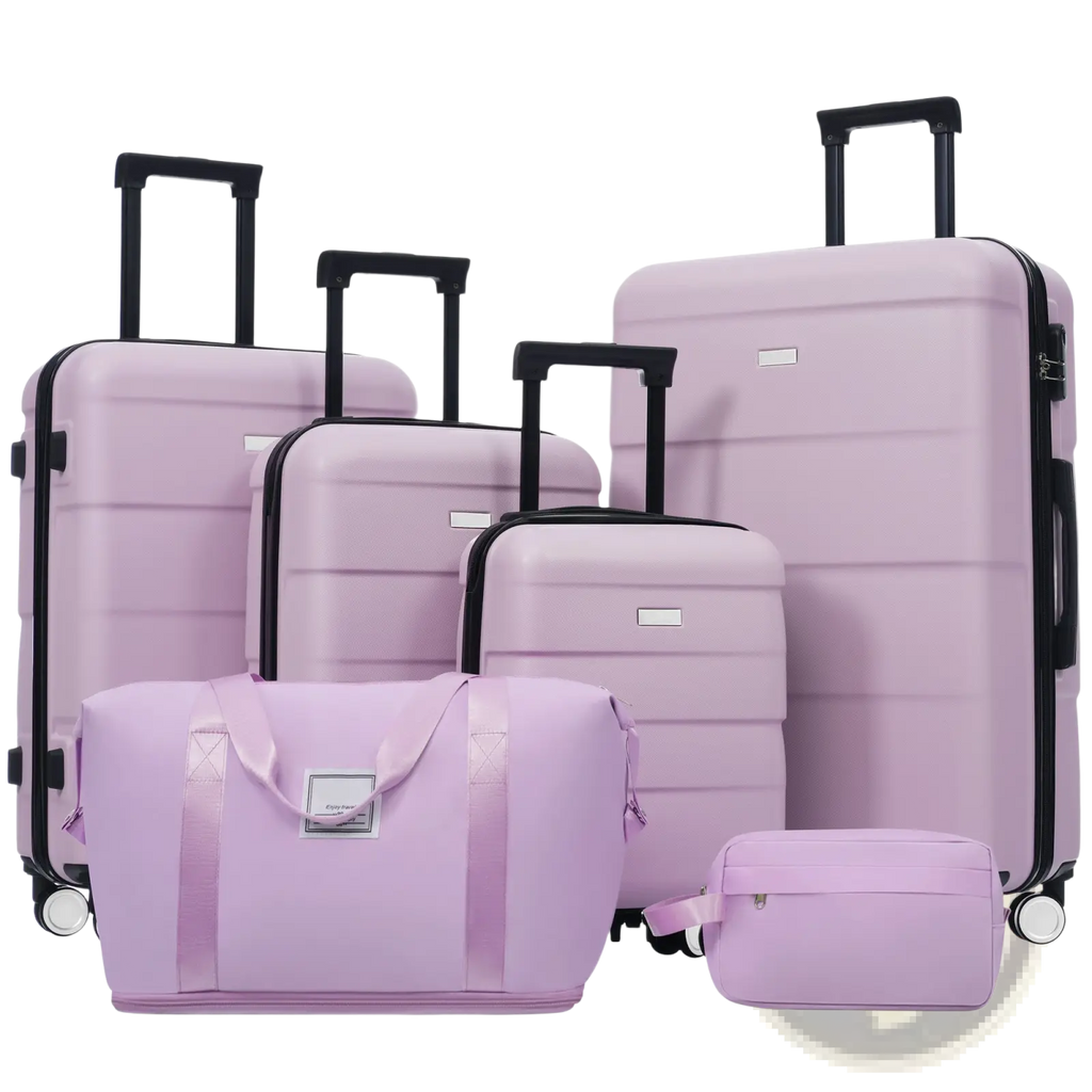 Set of lavender 6 piece hardshell luggage with spinner wheels and matching soft-sided travel bags with black trim