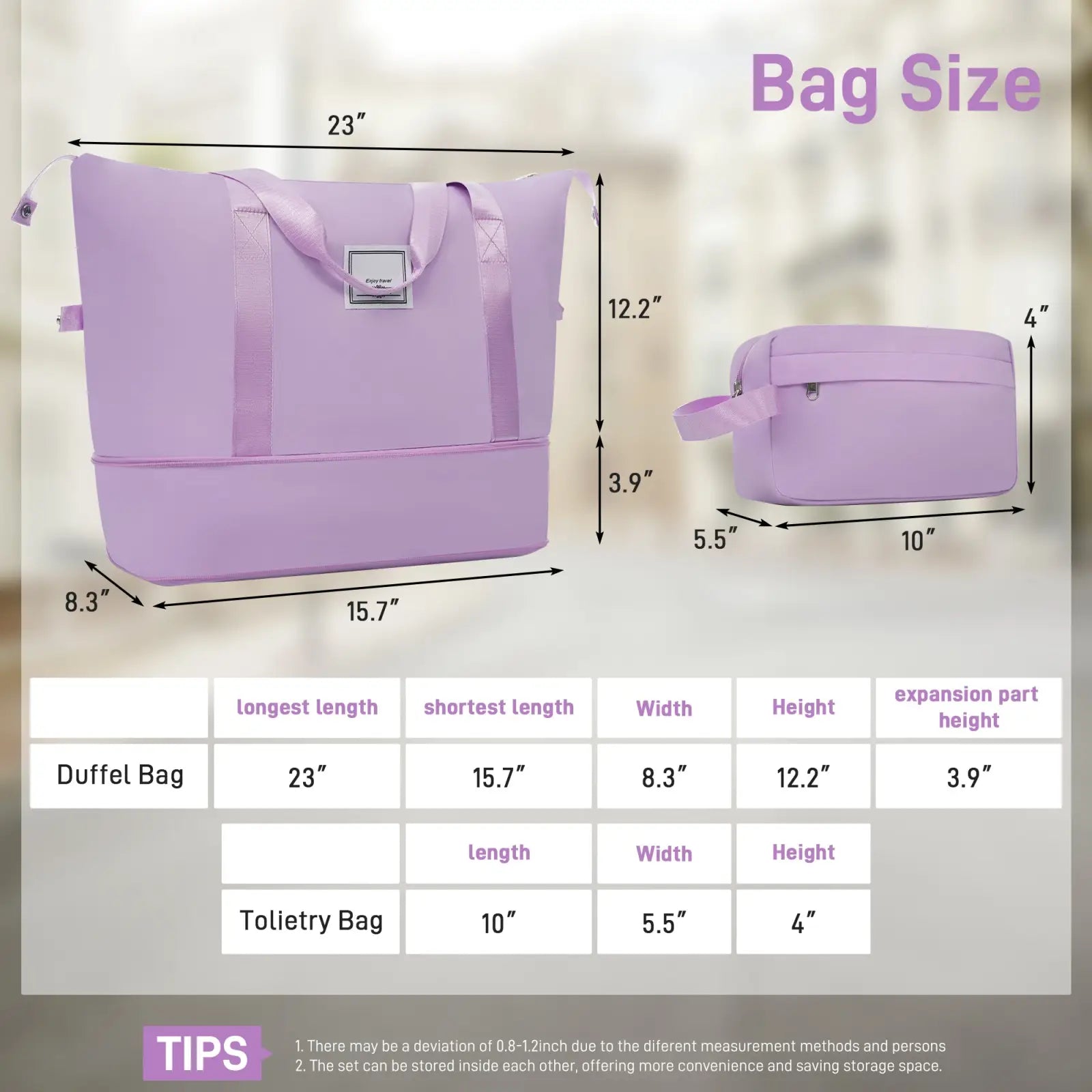 Light purple foldable duffel and toiletry bag set made of lightweight fabric with minimalist design in luggage set
