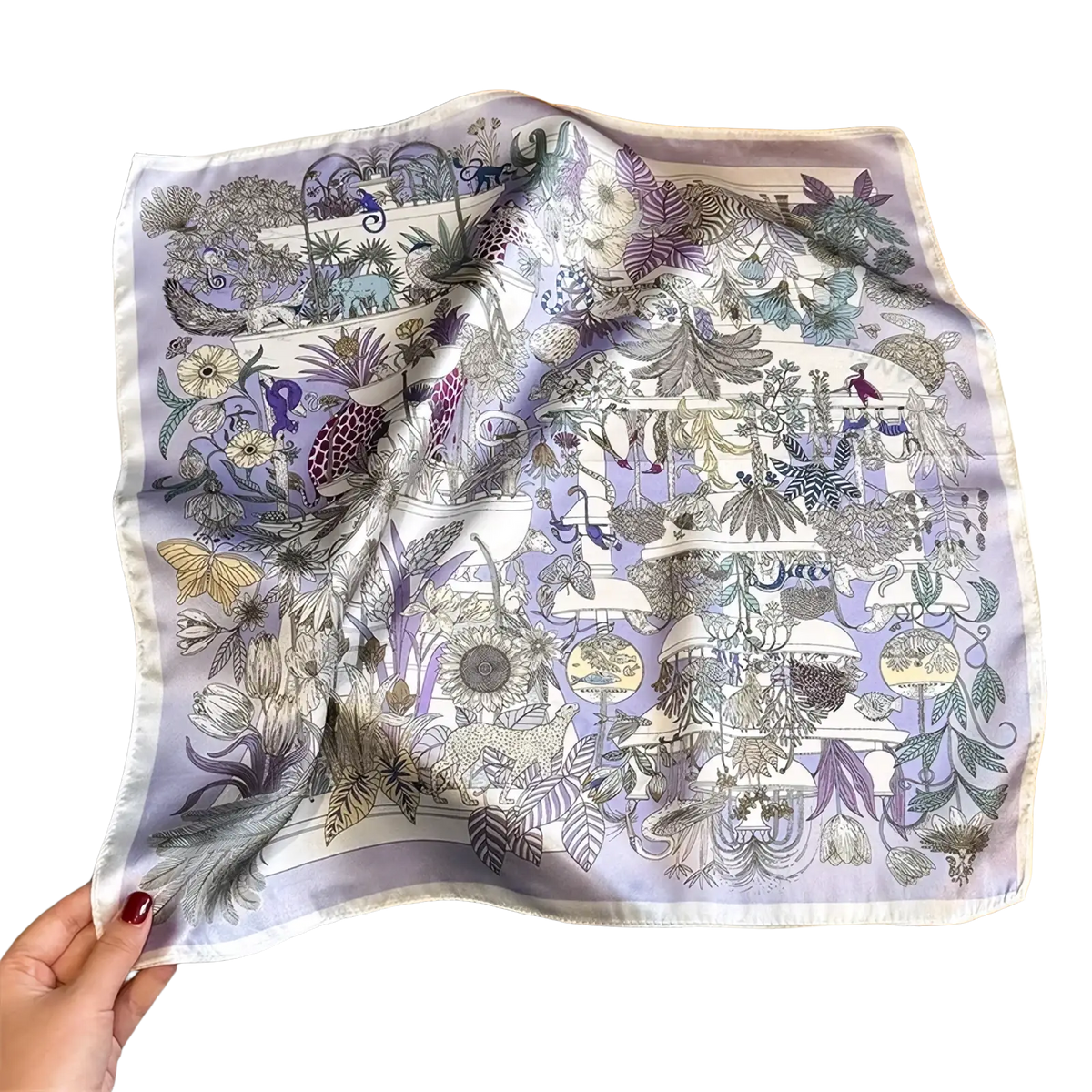 A delicate lavender botanical silk square scarf featuring intricate purple gray green and yellow illustrations