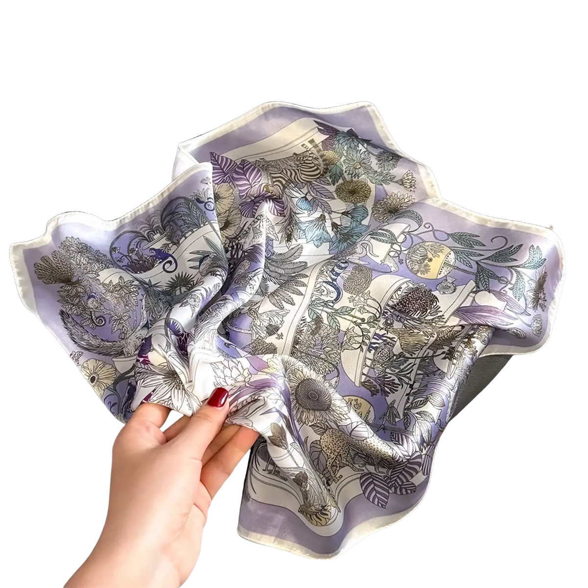 A delicate lavender and white silk square scarf with an intricate botanical print featuring flowers leaves and fauna