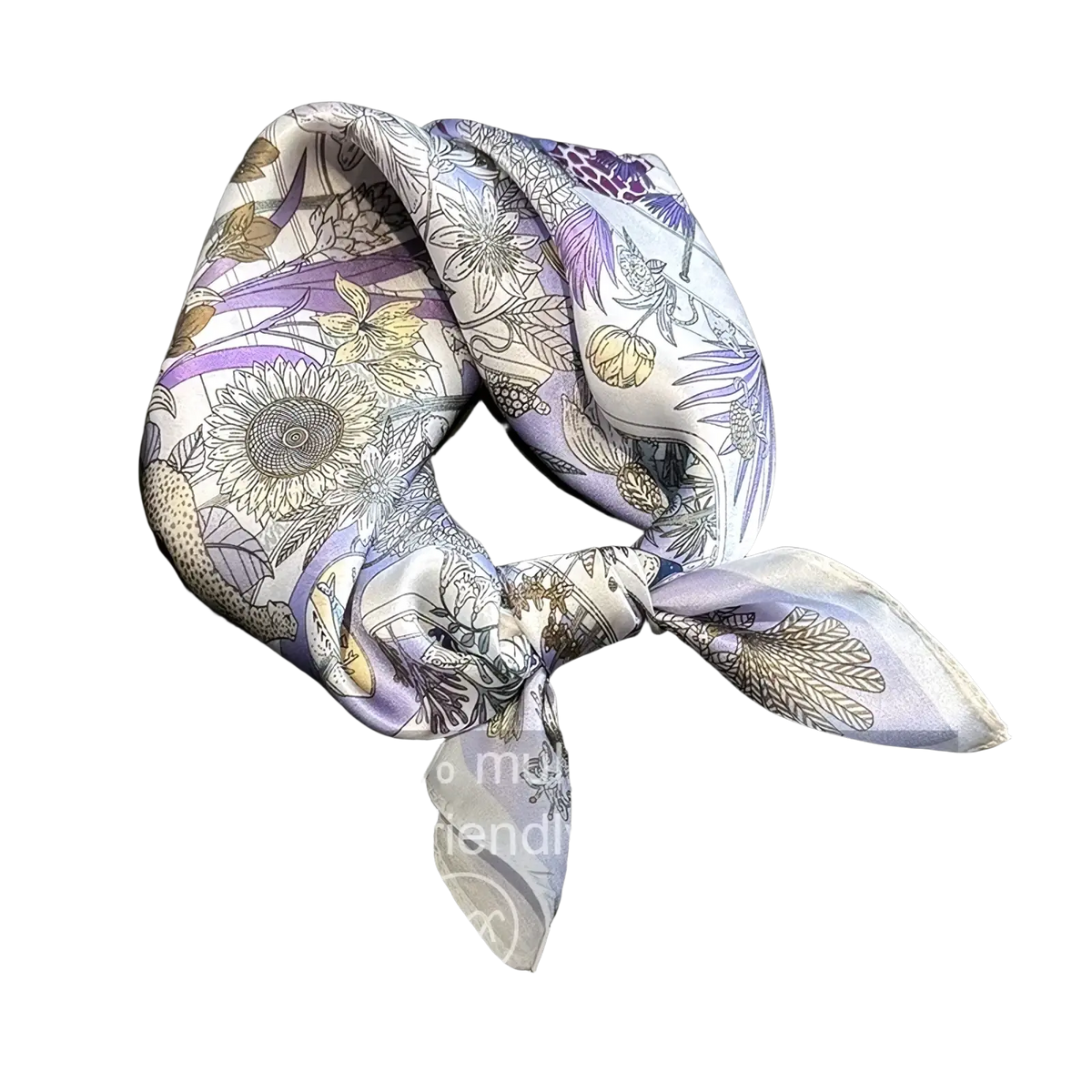 A delicate lavender and white silk square scarf with an intricate botanical print of sunflowers leaves and vines