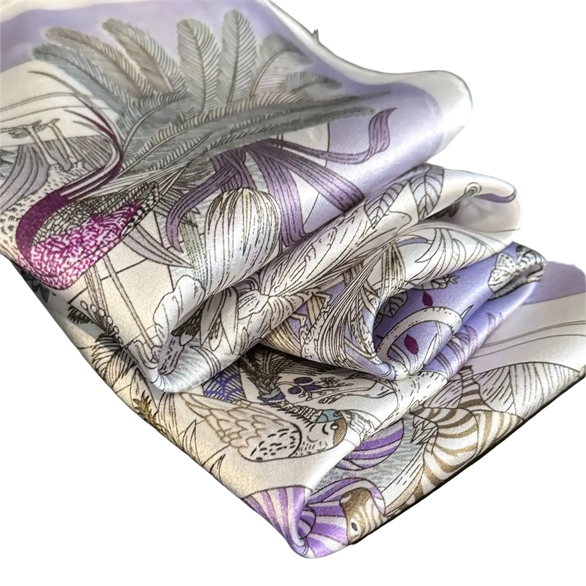 A delicate lavender and white silk square scarf with intricate botanical print in purple gray and gold accents