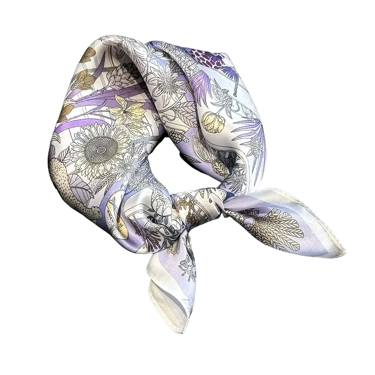 Lavender botanical silk square scarf featuring a delicately knotted silk square with muted purple botanical illustrations