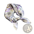 A delicate lavender and cream silk square scarf with an intricate botanical print of sunflowers leaves and vines