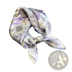 A delicate lavender and cream silk square scarf with an intricate botanical print of sunflowers leaves and vines