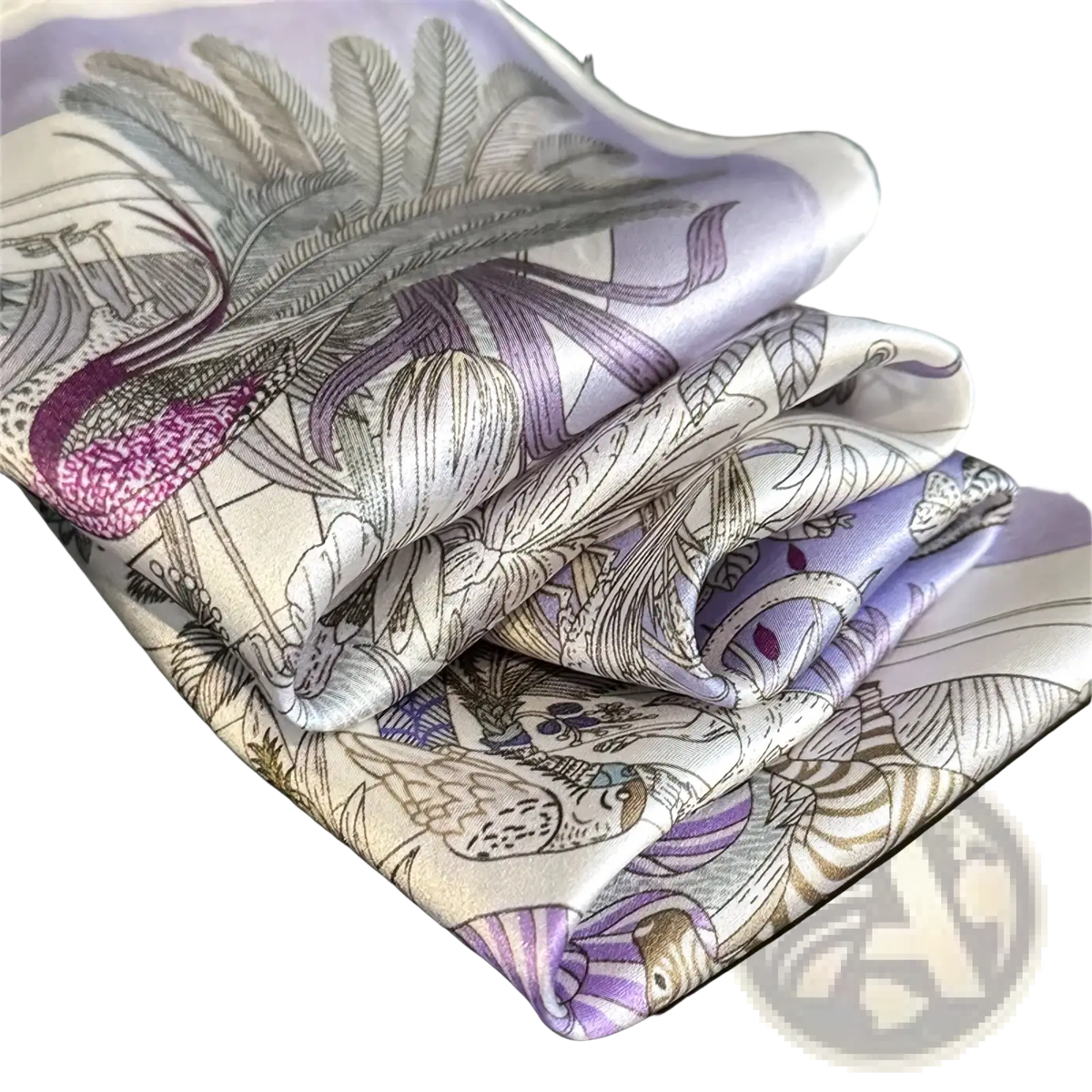 A delicate lavender and white silk square scarf with intricate botanical print in purple gray and gold accents