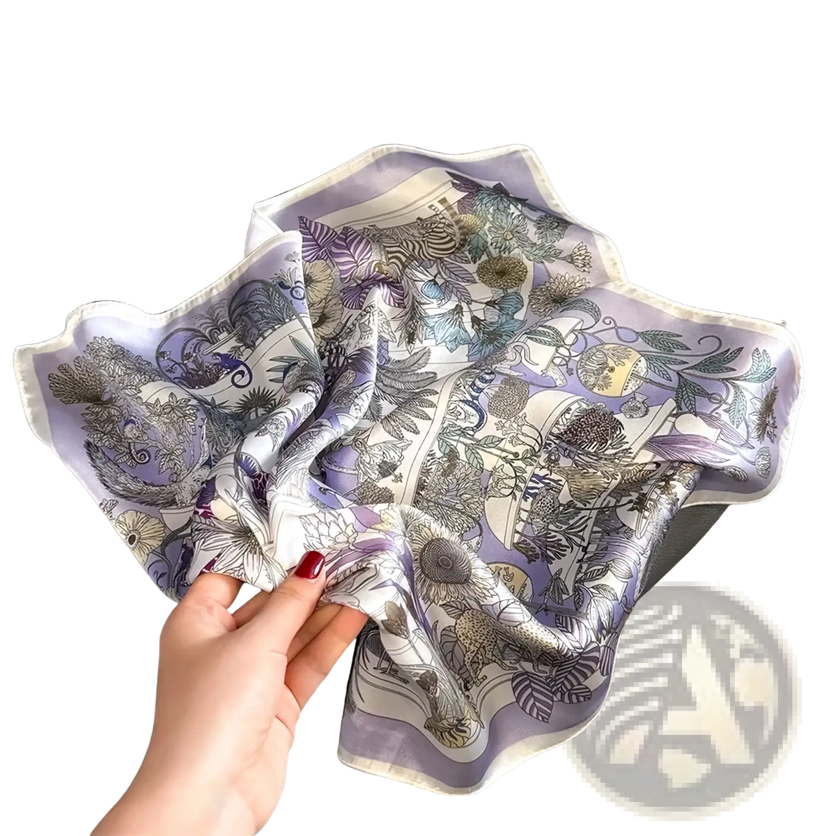 A delicate lavender and white silk square scarf with an intricate botanical print featuring flowers leaves and fauna