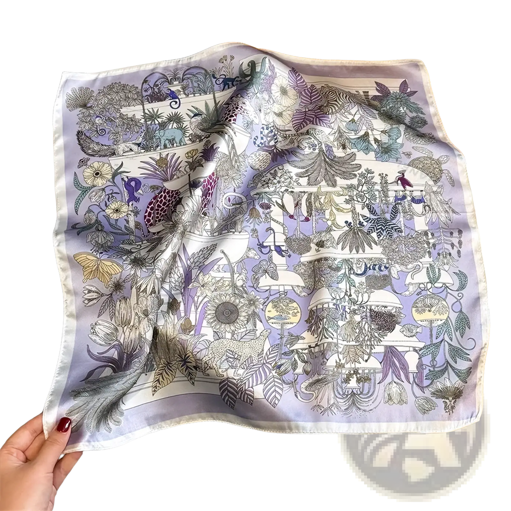 A delicate lavender botanical silk square scarf featuring intricate purple gray green and yellow illustrations