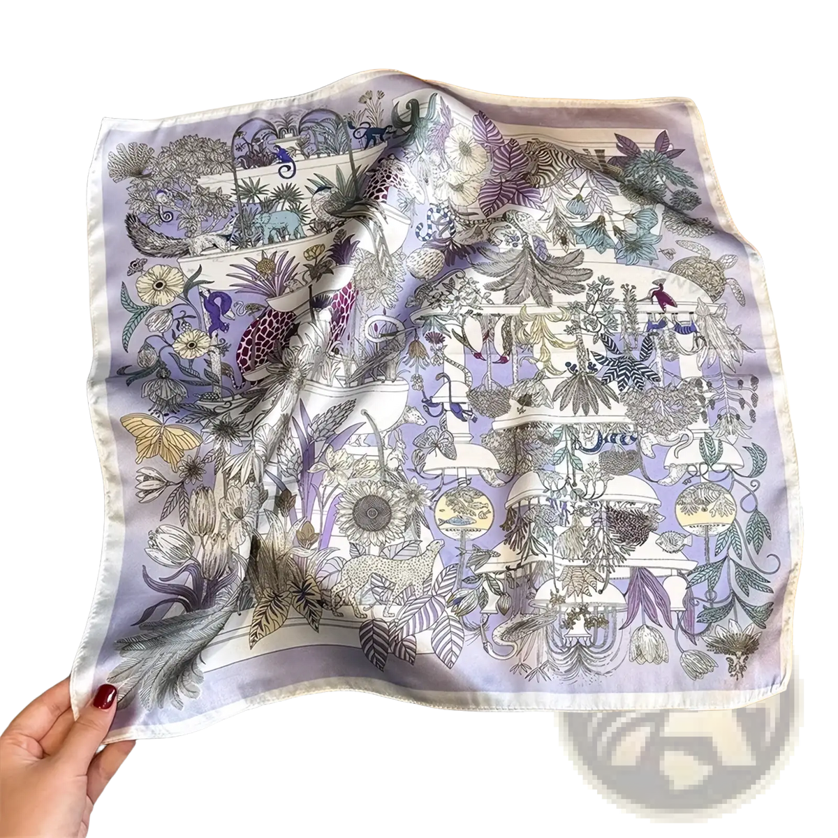 A delicate lavender botanical silk square scarf featuring intricate purple gray green and yellow illustrations