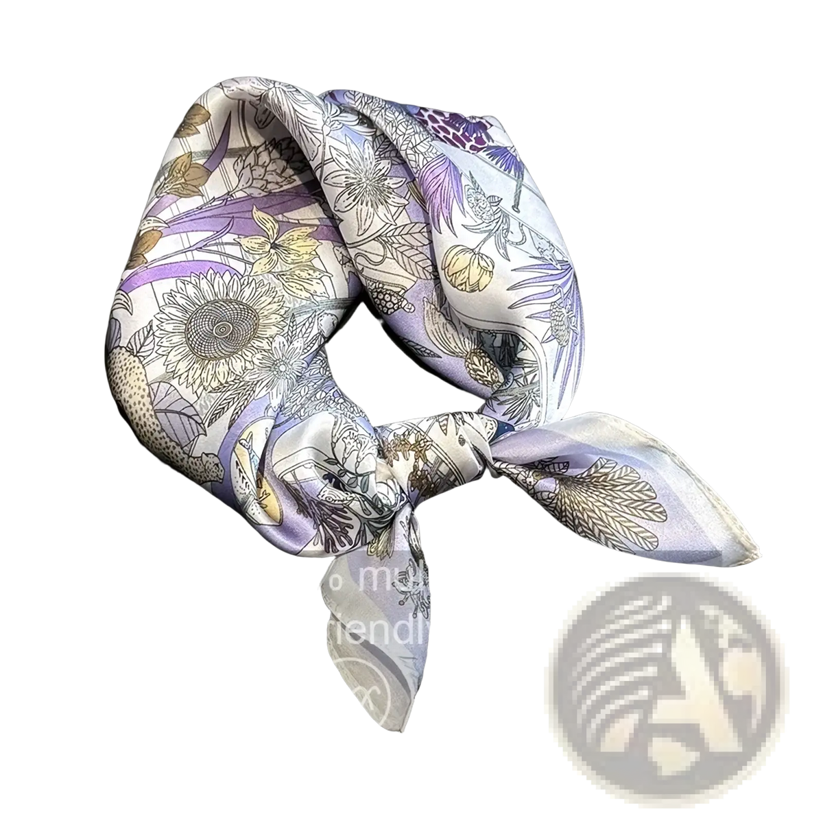 A delicate lavender and white silk square scarf with an intricate botanical print of sunflowers leaves and vines