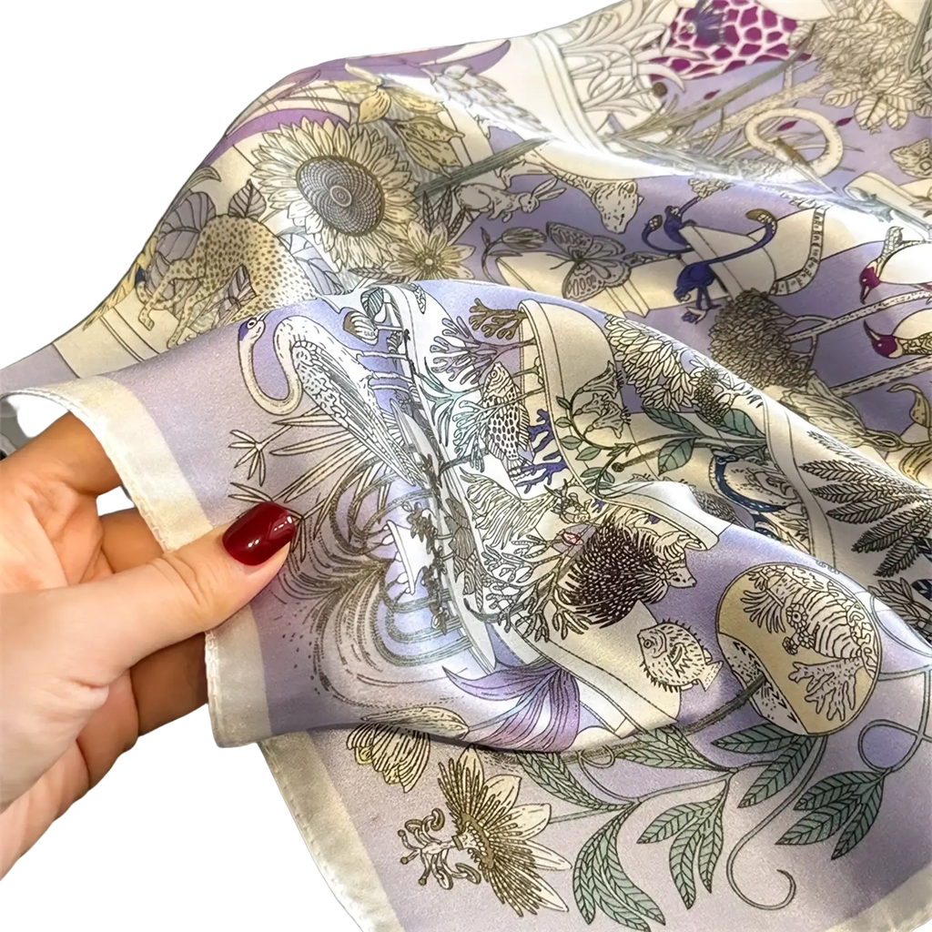 A delicate lavender botanical silk square scarf featuring intricate botanical and animal illustrations in muted earth tones